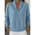 Elegant light blue V-neck long sleeve loose knit pullover sweater for autumn and winter - Teal