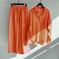 Women's two-piece cotton linen set featuring orange gradient shirt and wide-leg pants - Orange Red