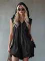 Retro black hooded sleeveless cotton linen jumpsuit with front zipper and pockets - S / Romper (YW6048) / Black