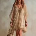 Bohemian V-neck chiffon beach dress with loose fit for a stylish summer vacation look - S / Dresses / Apricot