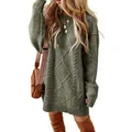Detailed view of a casual olive green cable knit sweater dress for women for winter - S / Dresses / Green