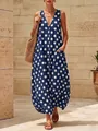 Vintage polka dot V-neck sleeveless maxi dress with lantern hem and pockets - S / Dresses / Navy Blue