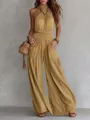 Detail view of a mustard yellow bohemian backless wide-leg jumpsuit with pockets - 3XL / Dresses / Khaki