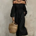Elegant black off-shoulder pleated long dress with straw bag detail for resort style. - S / Dresses / Black