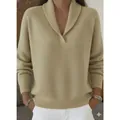 Elegant solid beige V-neck shawl collar knitted pullover sweater for women, autumn wear - Khaki