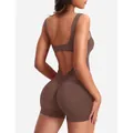 Sexy brown backless sleeveless bodysuit jumpsuit with ruched booty detail for women - S / Top And Bottom / Dark Brown