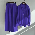 Elegant purple cotton linen 2-piece set featuring long sleeve shirt and wide leg pants - Dark Blue