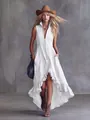 Detail view of white sleeveless high-low dress with front zipper and ruffle hem detail - S / Dresses / White
