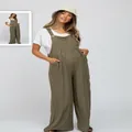 Tuta intera da donna in cotone e lino verde oliva, stile casual morbido - Verde militare