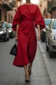 Robe longue rouge élégante avec manches chauve-souris et taille cintrée style western - Rouge