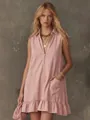 Sleeveless pink A-line dress featuring a half-zip V-neck and ruffled hemline detail - S / Dresses / Pink