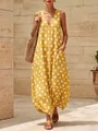 Vintage yellow polka dot V-neck sleeveless maxi dress with pockets and bubble hem - S / Dresses / Yellow