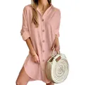 Casual perzikroze jurk met lange mouwen, revers en knopen voor dames herfstmode - Roze