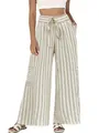 Detailed view of high waist drawstring and vertical stripe pattern on these wide leg pants - S / Bottoms / Apricot