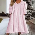 Robe d'intérieur rose douillette à capuche et manches longues pour femmes hiver - Rose