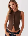 Detail of a slim fit brown ribbed sleeveless button-up tank top for women - S / Dark Coffee
