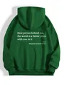 Detailed back view of a green fleece hoodie featuring white inspirational letter print - Green