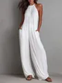 Elegante mono plisado blanco con cuello halter y pernera ancha para las vacaciones - S / Conjuntos / Blanco