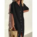 Elegant black loose fit cotton linen button-down maxi shirt dress for women outfit - S / Dresses / Black