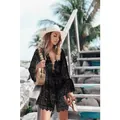 Elegant black lace bikini cover-up with V-neck and bell sleeves for beach vacations. - S / Dresses / Black