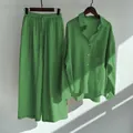 Elegant green women's 2-piece set with cotton linen button shirt and wide leg pants - Fluorescent Green