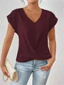 Elegant burgundy V-neck short sleeve T-shirt with unique twisted hem detail for women - Burgundy