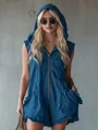 Front view of a blue retro hooded sleeveless cotton linen romper with zipper details - S / Romper (YW6048) / Blue