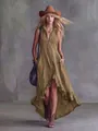 Detail of retro sleeveless olive dress with front zipper and ruffle asymmetrical hem. - S / Dresses / Earthy Yellow
