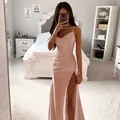Elegant pink satin slip dress with high slit and ruched detail for evening wear. - S / Dresses / Apricot