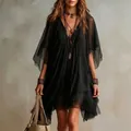 Elegantes schwarzes Chiffon-Strandkleid mit V-Ausschnitt für Damen im Sommerurlaub - Schwarz