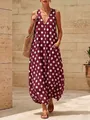 Detailed view of the vintage wine red polka dot sleeveless V-neck loose fit midi dress - S / Dresses / Red