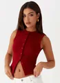 Slim fit red ribbed sleeveless button-down tank top for women casual summer fashion wear - S / Burgundy
