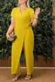 Combinaison jaune décontractée à col en V pour femmes avec nœud latéral et jambes larges - 3XL / Ensemble / Jaune