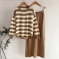 Detailed knit texture of striped sweater and high waist skirt set - One Size / Top And Bottom (6699) / Camel