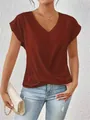 Elegant rust red V-neck T-shirt with stylish front twist detail and textured fabric. - Orange Red