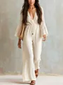 Elegant Bohemian cream V-neck wide-leg jumpsuit with flared sleeves for women fashion - S / Jumpsuits / Milky White