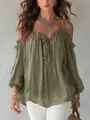 Close-up of olive green cold-shoulder blouse with ruffle neck and tie-up front detail. - Army Green