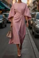 Robe midi rose élégante avec manches chauve-souris et taille cintrée pour femme - Rose