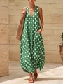 Vintage green polka dot V-neck loose sleeveless maxi dress with pockets and bubble hem. - S / Dresses / Army Green