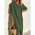 Elegant casual loose army green cotton linen maxi shirt dress with short sleeves - S / Dresses / Olive Green