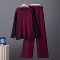 Two-piece burgundy knitted set with striped sleeves and wide-leg pants for women - One Size / Top And Bottom / Burgundy