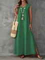 Elegante groene mouwloze maxi-jurk met V-hals, zijsplit en geweven textuur detail - S / Bovenstuk - Mouwloze maxi-jurk met V-hals en zijsplit (HW552) / Groen