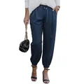 Detail of navy blue high-waisted drawstring jogger pants with elastic cuffs for women - Blue