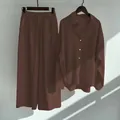 Chocolate brown 2-piece cotton linen set featuring button-up shirt and wide-leg pants - Coffee