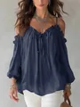 Elegant off-the-shoulder blouse with ruffle collar and tie-front detail in navy blue - Navy Blue
