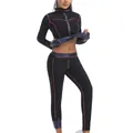 Combinaison de sauna noire pour femme avec coutures roses et doublure thermique bleue - S / Haut Et Bas / Noir Avec Coutures Rose Rouge