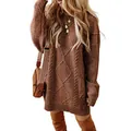 Detailed macro view of chunky cable-knit texture on brown oversized sweater dress - S / Dresses / Coffee