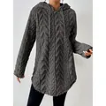 Stylish dark grey fuzzy hooded sweatshirt with jacquard texture and drawstring detail - 3XL / Tops / Gray