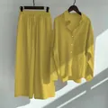 Bright yellow women's 2-piece cotton linen shirt and high waist wide-leg pants set - Yellow