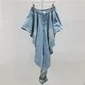 High-waisted vintage light blue denim skirt featuring a unique irregular draped design - S / Bottoms / Blue